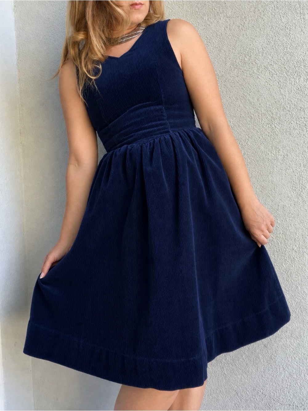 VTG 90s Laura Ashley Navy Blue Fine Needlecored Corduroy Drop V-Waist Midi Dress